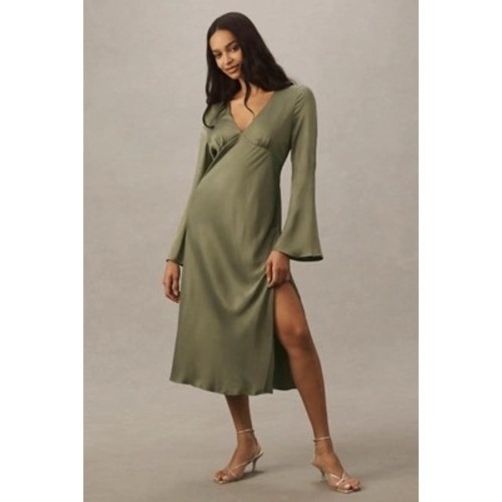 BHLDN Avani Sage Green Satin V-Neck Bell Sleeve Midi Dress XS Bridesmaid Formal